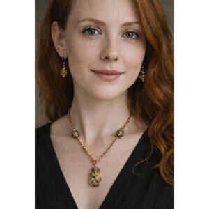 Pudding Stone Cabochon Leopard skin jasper beads necklace 20" earring pendant